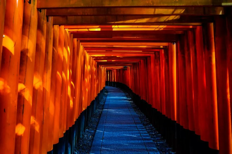A path through rows of orange torii gates at Fushimi Inari in Kyoto